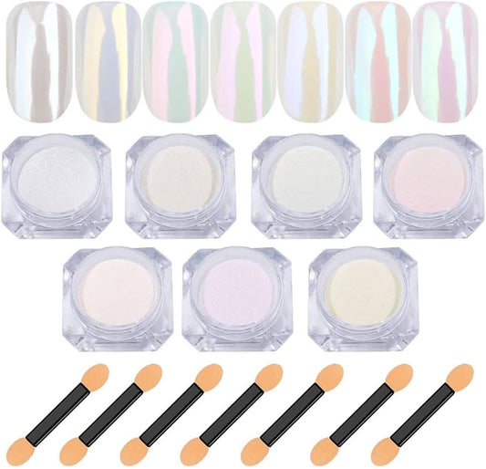7 Colors Chrome Nail Powder Aurora Metallic Holographic Mirror Effect Dip Nail Powder Kit, White Pearl Iridescent Shell Powder Glitter Nail Art Pigment Manicure for Nails