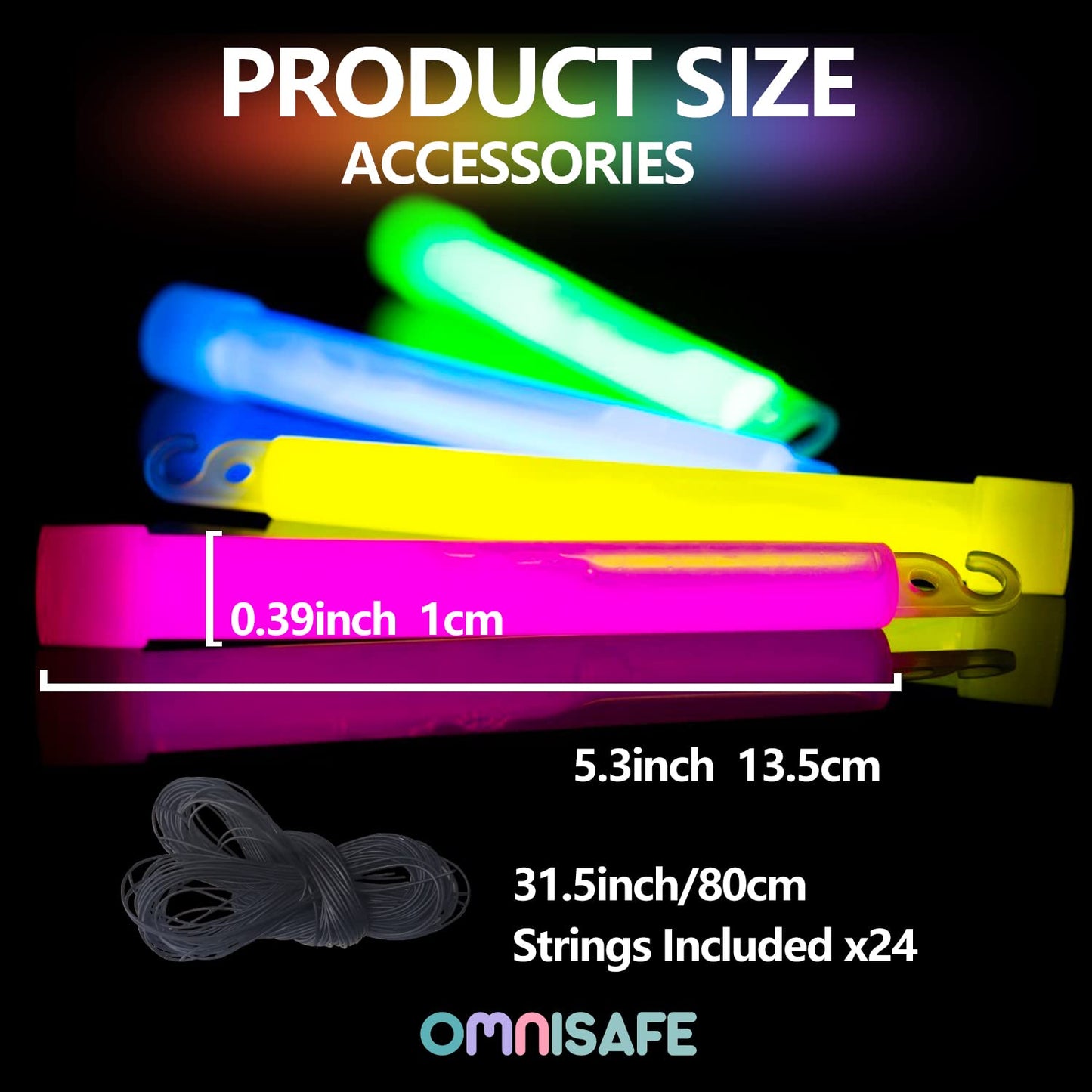24 Ultra Bright Large Glow Sticks with 24 Black PE String, Multi Use Colourful 6 Inch Glowsticks for Parties, Camping, Emergency Glow Sticks For Blackout, Long-lasting Lighting Waterproof and