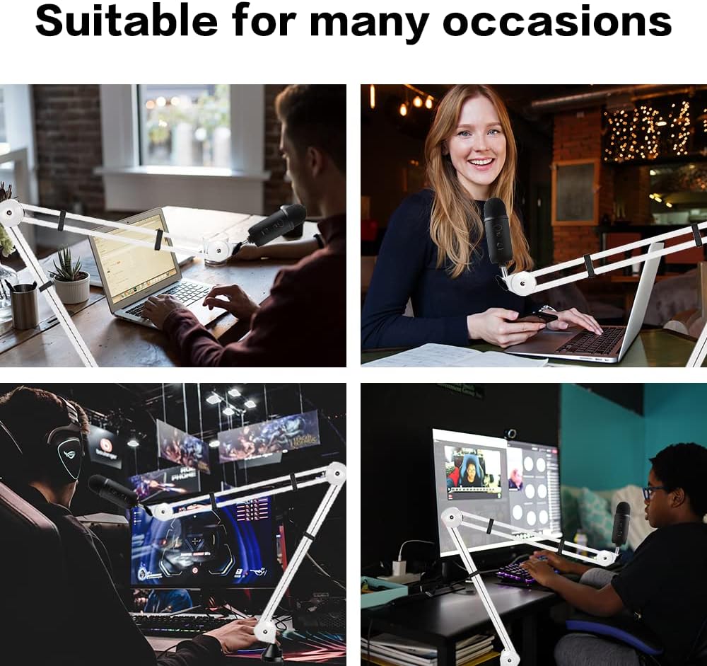 BOMGE Microphone Boom Arm Mic Stand Adjustable Clip Studio Suspension Scissor Arm Mount for Blue Snowball, ICE, Blue Yeti,Radio Broadcasting and Game (white)