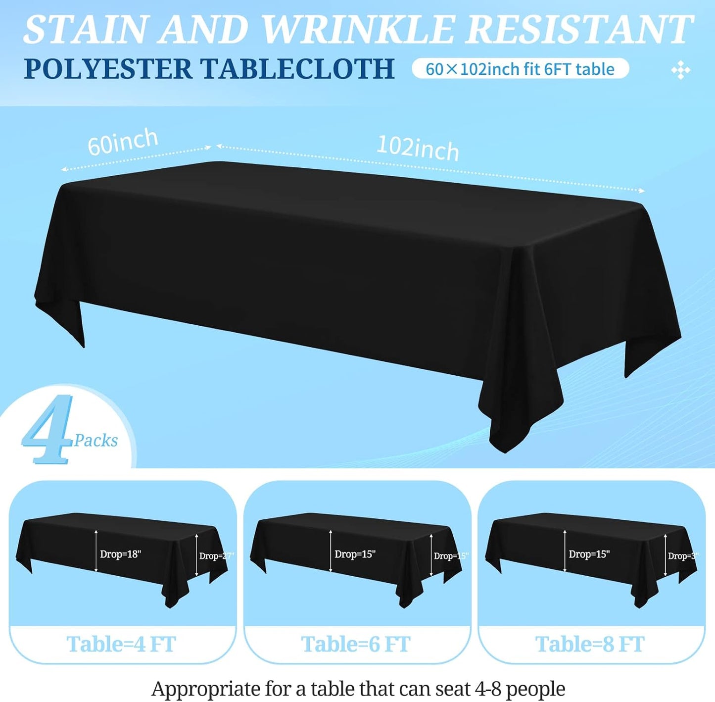 4 Pack Black Tablecloths for 6ft Rectangle Tables 60 x 102 Inch - Polyester Table Cover Stain and Wrinkle Resistant Washable Fabric Table Clothes for Wedding Party Banquet Reception Restaurant