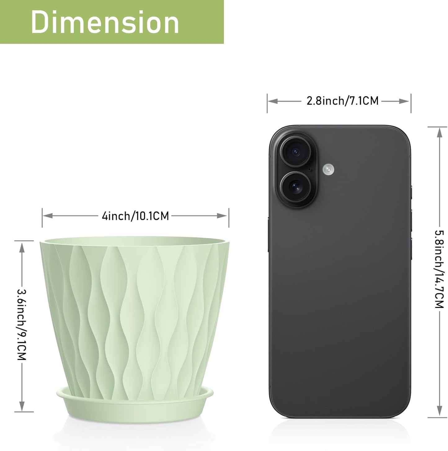 4 Inch Small Pots for Plants, 6 Pack Waffle Texture Small Plant Pots for Succulents, Plastic Planter with Drainage Holes and Saucers for Indoor Outdoor Plants, Flowers, Herbs, Seedlings, Green