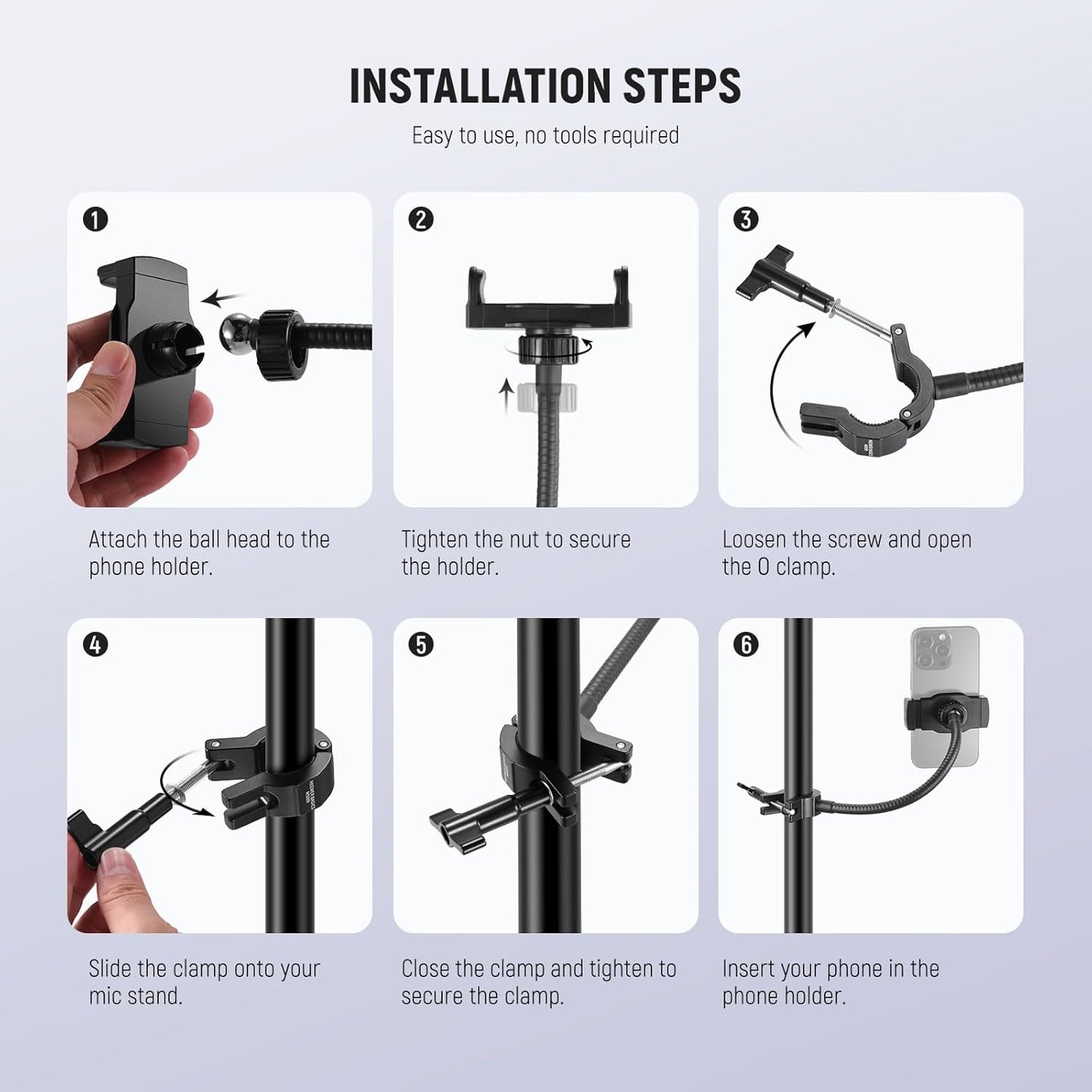 NEEWER BASICS Mic Stand Phone Holder with Flexible Arm, 360° Ball Head Boom Arm Microphone Floor Music Stand Cell Phone Mount Compatible with iPhone Android Samsung Video Recording, MS009