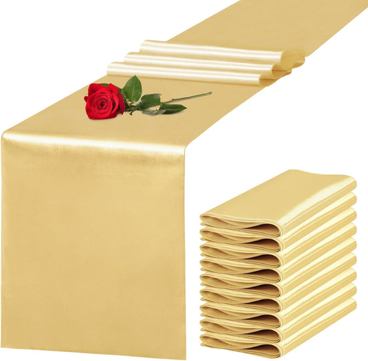 10 Pack Satin Table Runner 12 x 108 Inch Long Light Gold Silk Table Runner for Wedding Party Banquet Birthday Decoration