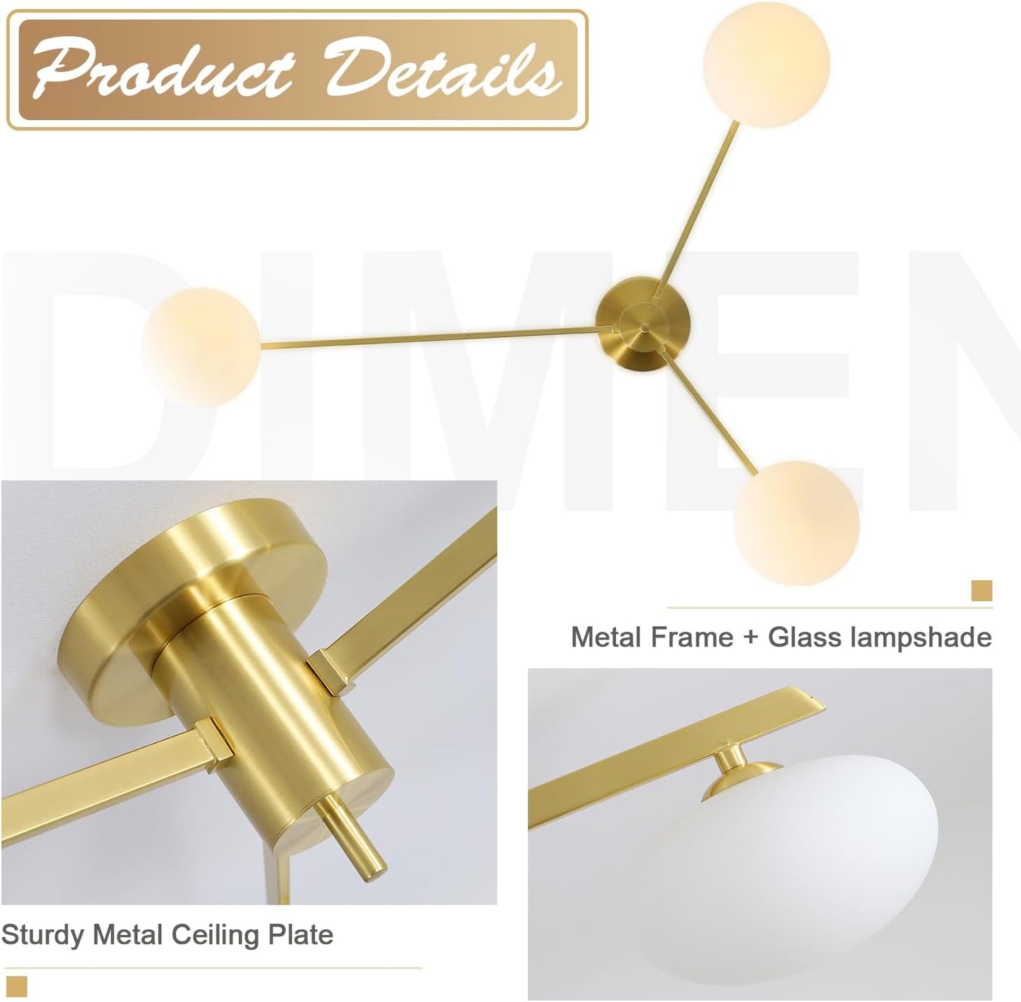 3-Light Gold Semi Flush Mount Ceiling Light,Modern Sputnik Chandelier,Mid Century Industrial Vintage Metal Chandelier for Bedroom Kitchen Dining Room MCL03-GD