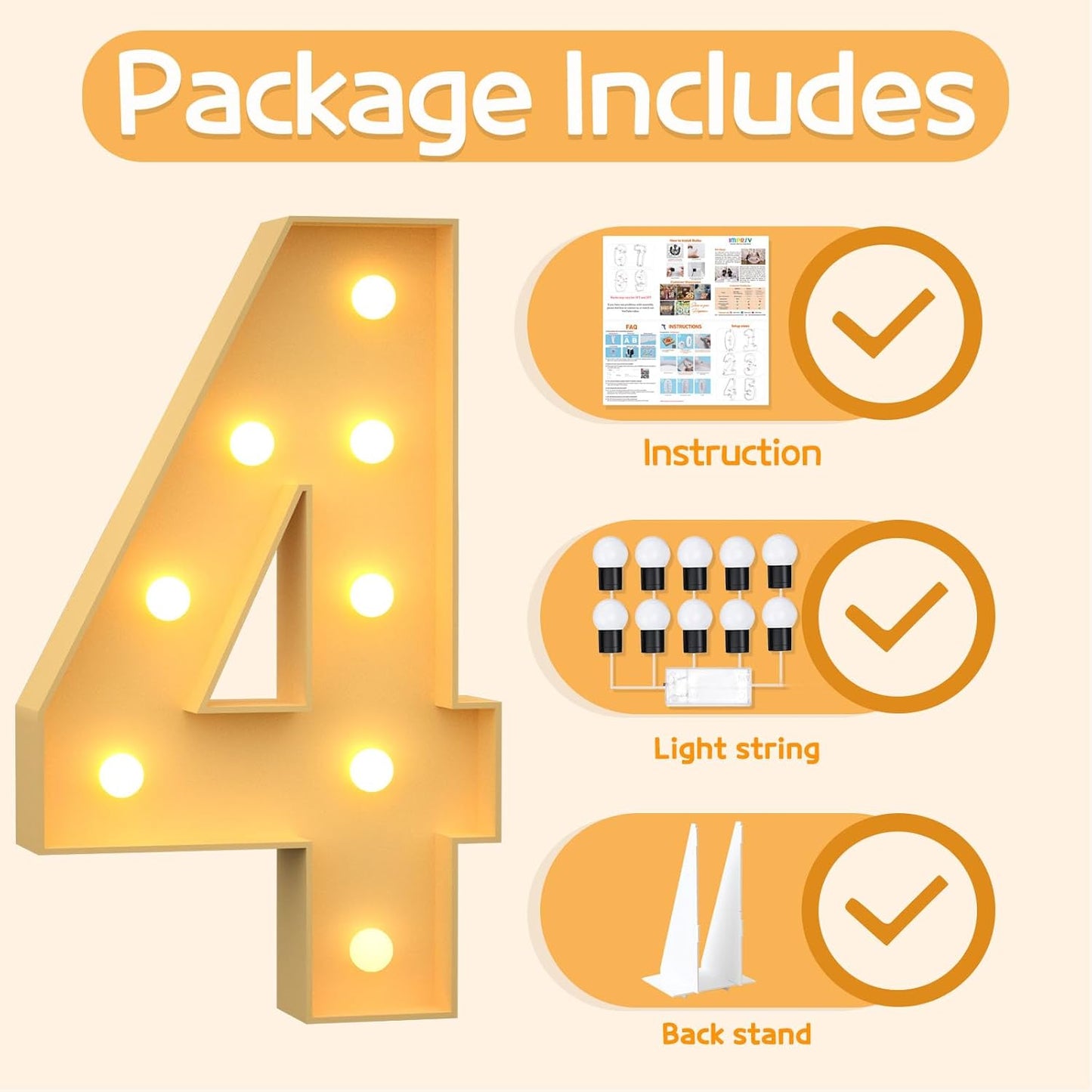 Marquee Numbers 3 Feet Tall Large Light Up Numbers 4th 14th 24th Four Ever Sweet Birthday Decorations Girl Boy Big Yellow Light Outdoor Anniversary Decorations Balloon Arch Kit Party Backdrop 4