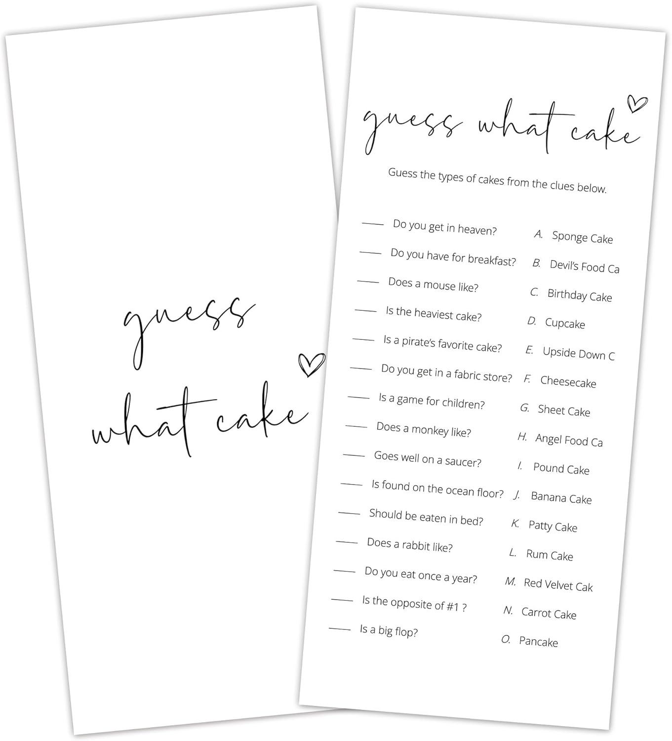 Bridal Shower Games, What Cake, 25Pcs 4x9inch Minimalist White Double-Sided Bridal Game Cards with 1 Answer Key, Wedding Shower Games for Guests, Engagement Bachelorette Party Supplies - A03