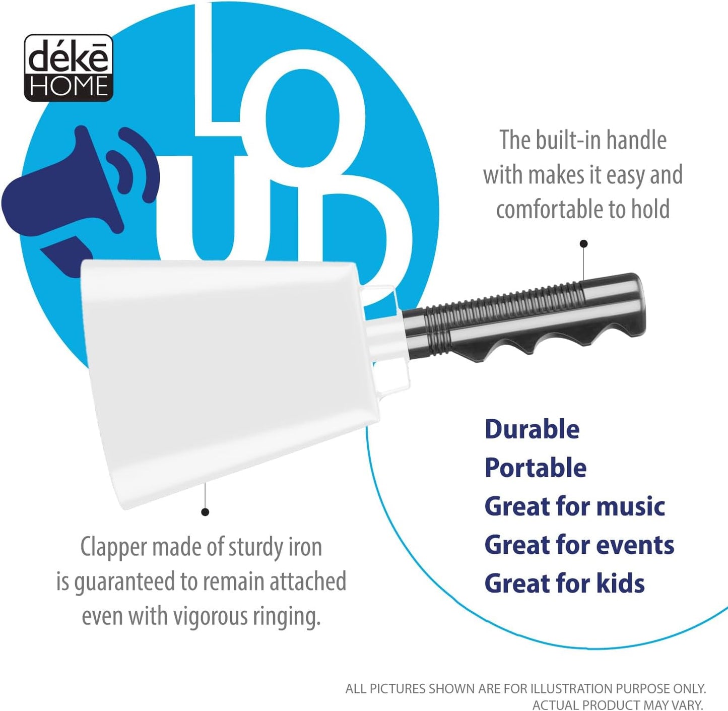 Deke Home - 2 Pack 10 Inch Steel Cowbells with Handle, Loud Noise Makers for Football, Sports, Parties, Competitions, School Spirit & Safety, Large Hand Bell for Cheering & Percussion Instrument