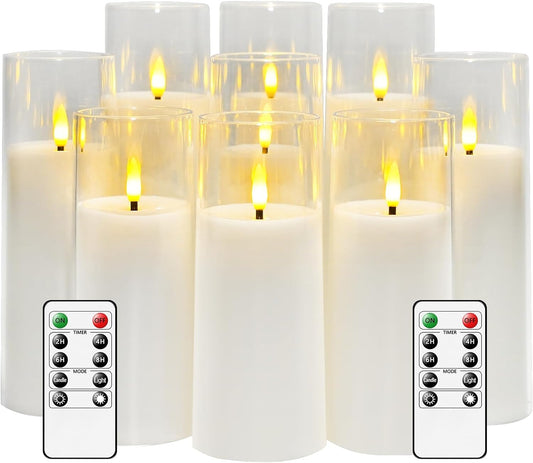 Flickering Flameless Candles Battery Operated with Remote and 2/4/6/8 H Timer Plexiglass Led Pillar Candles Pack of 9 (D2.3"xH 6"7"8")with Realistic Moving Wick Candles for Home Decor(White)
