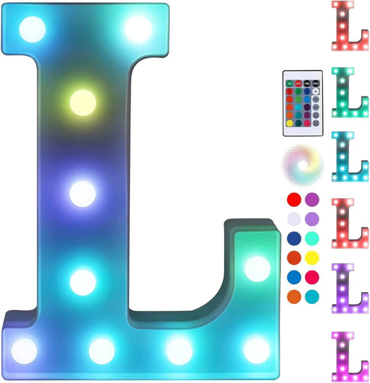 Foaky Colorful LED Letter Lights with Remote,Marquee Light Up Letters Sign for Night Light Wedding/Birthday Party Battery Powered Christmas Lamp Home Bar Decoration(L)