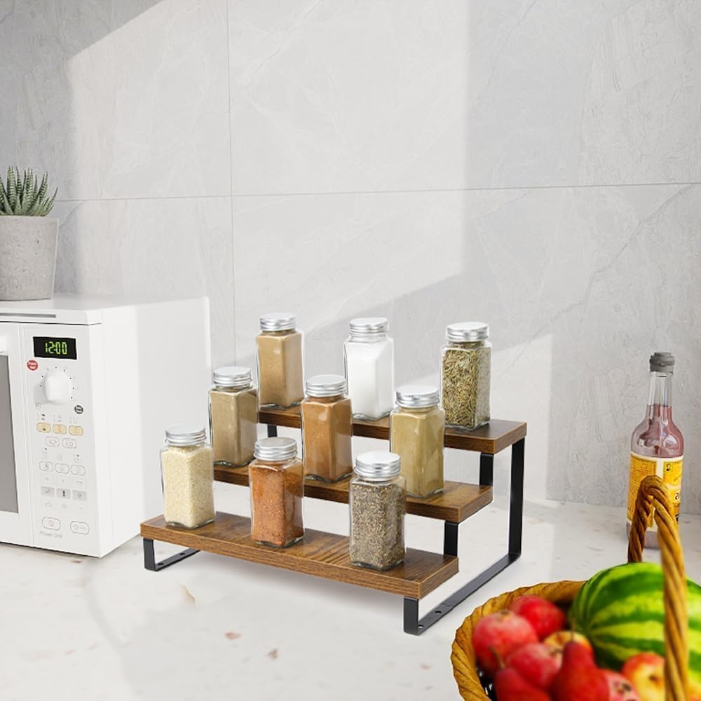 4-Tier Wooden Display Riser Shelf Stand for, Makeup, Cupcake, Condiment & Dolls Collection Home Decor Organizer, Expandable for Pantry/Counter (Brown, 3-Tier)