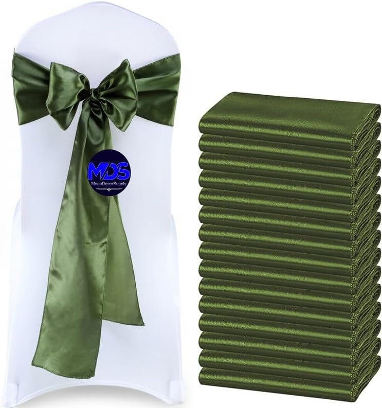 MDS Pack of 300 PCS Satin Chair Sashes Charmeuse Sateen Dining Chair Bows Ribbon Ties Back Sash for Wedding Party Birthday Home Hotel Restaurant Banquet Decoration (7 x 108 Inch, Olive Green)