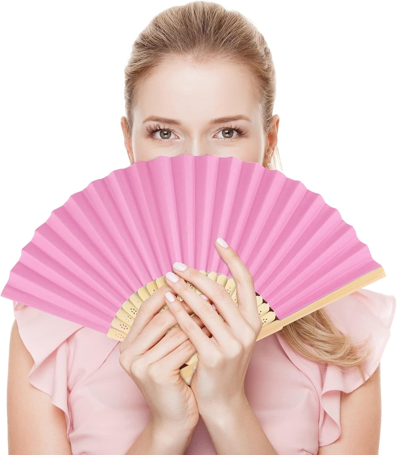 FEPITO 20 Pieces Handheld Pink Paper Fan Paper Folding Fans with Bamboos for Wedding Gift, Party, Home