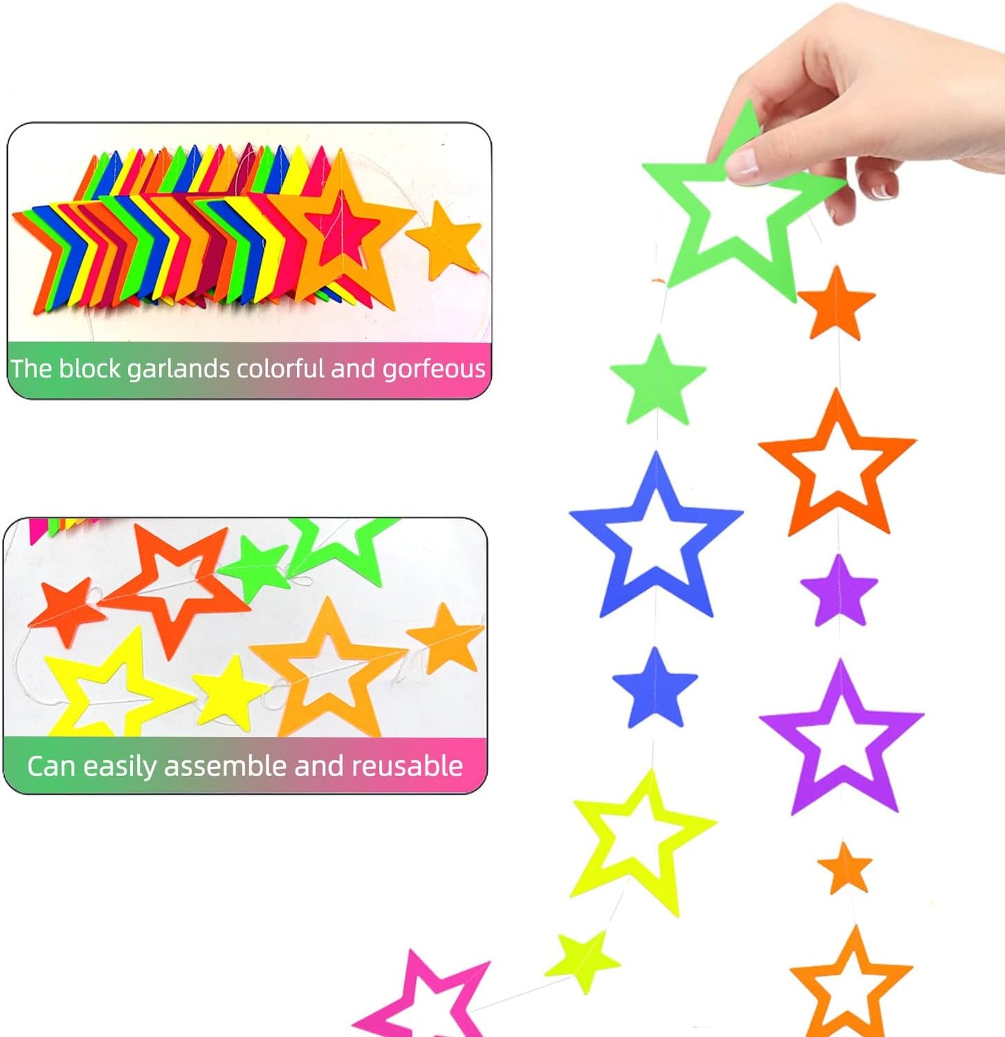 126feet UV Paper Garland Hollowed Star Neon Streamers Black Light Decorations Glow Party UV Reactive Party Favors Glow in The Dark Supplies and Decorations Wedding Birthday Banner