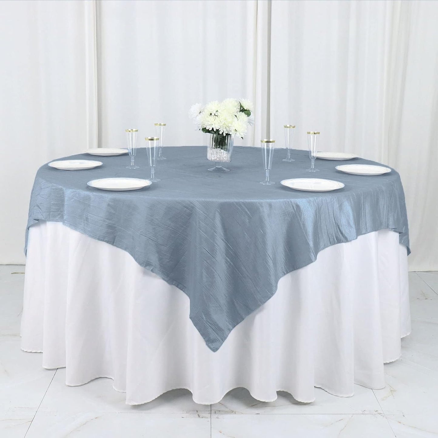 Tableclothsfactory 72"X72" Dusty Blue Accordion Crinkle Taffeta Table Overlay, Square Tablecloth Topper