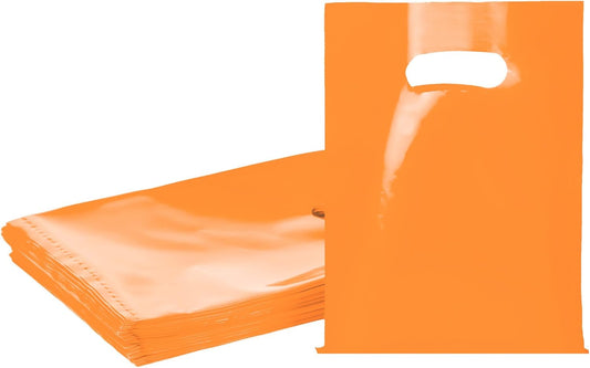 Orange 100 PCS Small Gift Bags, 6"x8" Goodie Party Favor Bags with Handle, Treat Retail Pouches for Kids Birthday, Christmas, Small Business