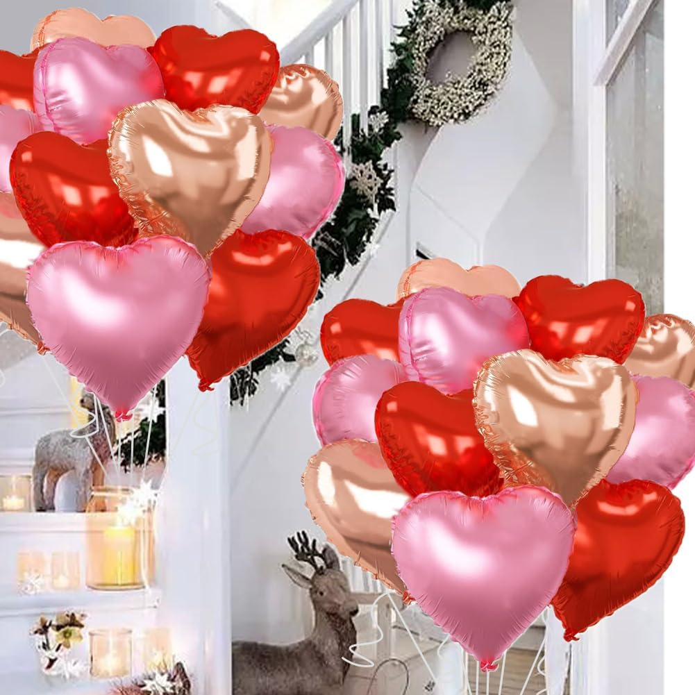 Rose Gold & Red Heart Balloons，18 Inch Light Pink Foil Love Heart Shaped Balloons for Anniversary Wedding Engagement Birthday Party Baby Shower Valentines Decorations(12Pcs)