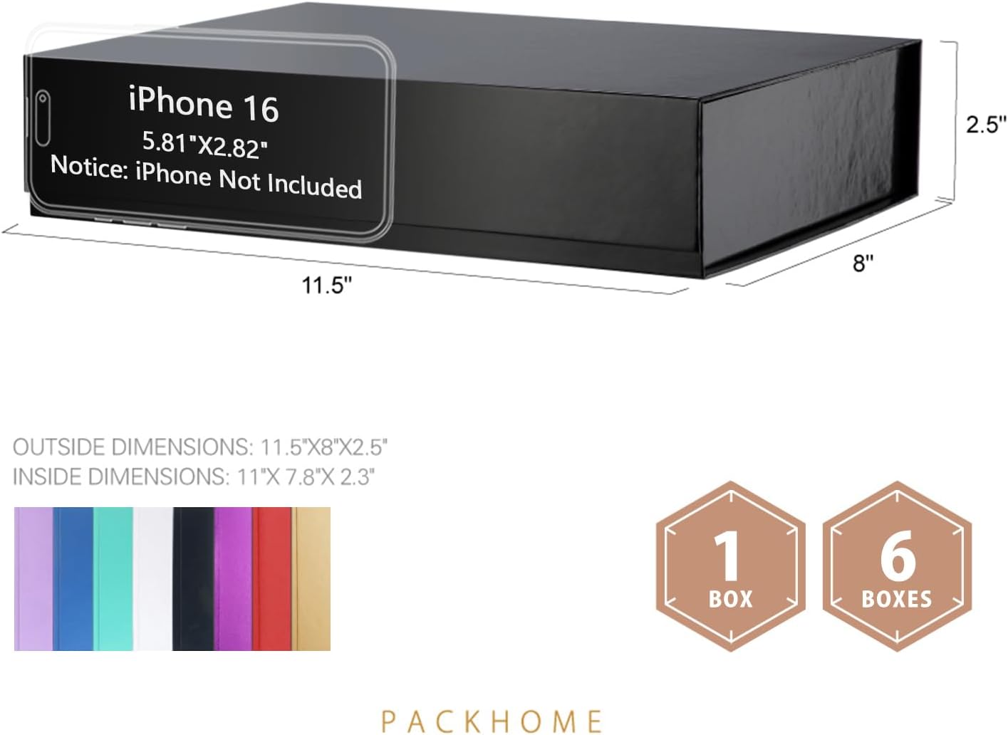 PACKHOME 6 Gift Boxes 11.5x8x2.5 Inches, Sturdy Shirt Boxes with Magnetic Lids for Multiple Occasions (Glossy Black)