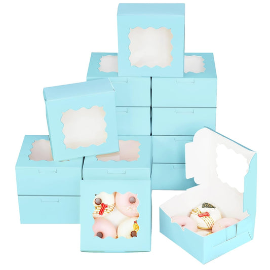 Bakepacker 100pcs Light Blue Cookie Boxes 6x6x3 inches Easy Assemble Macaroon Pastry Boxes Bakery Boxes with Window for Bakery