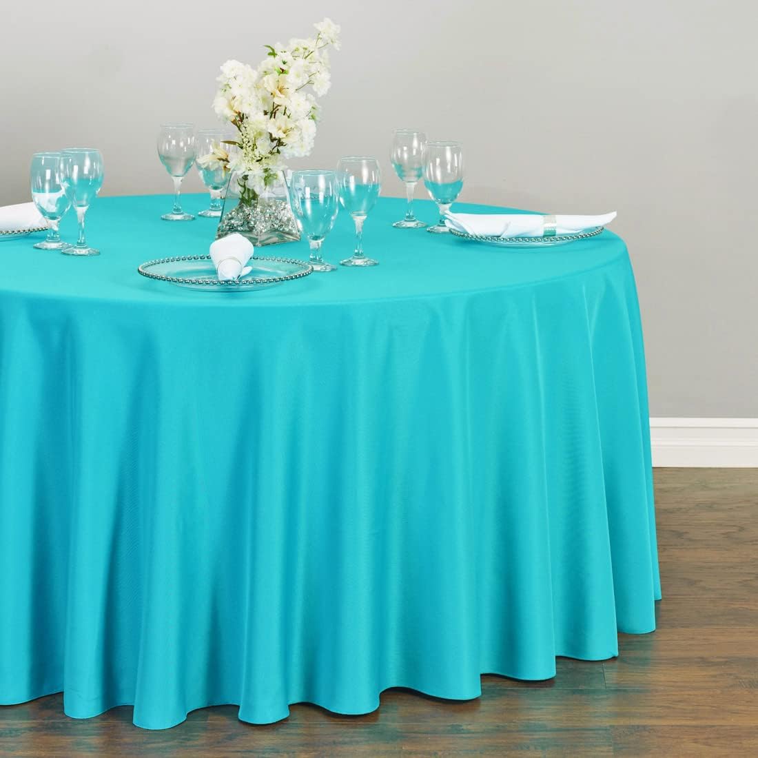 LTC LINENS Tablecloth - 120 Inch Round Tablecloths for Circular Table Cover in Turquoise Washable Polyester Fabric- Great for Buffet Table, Parties