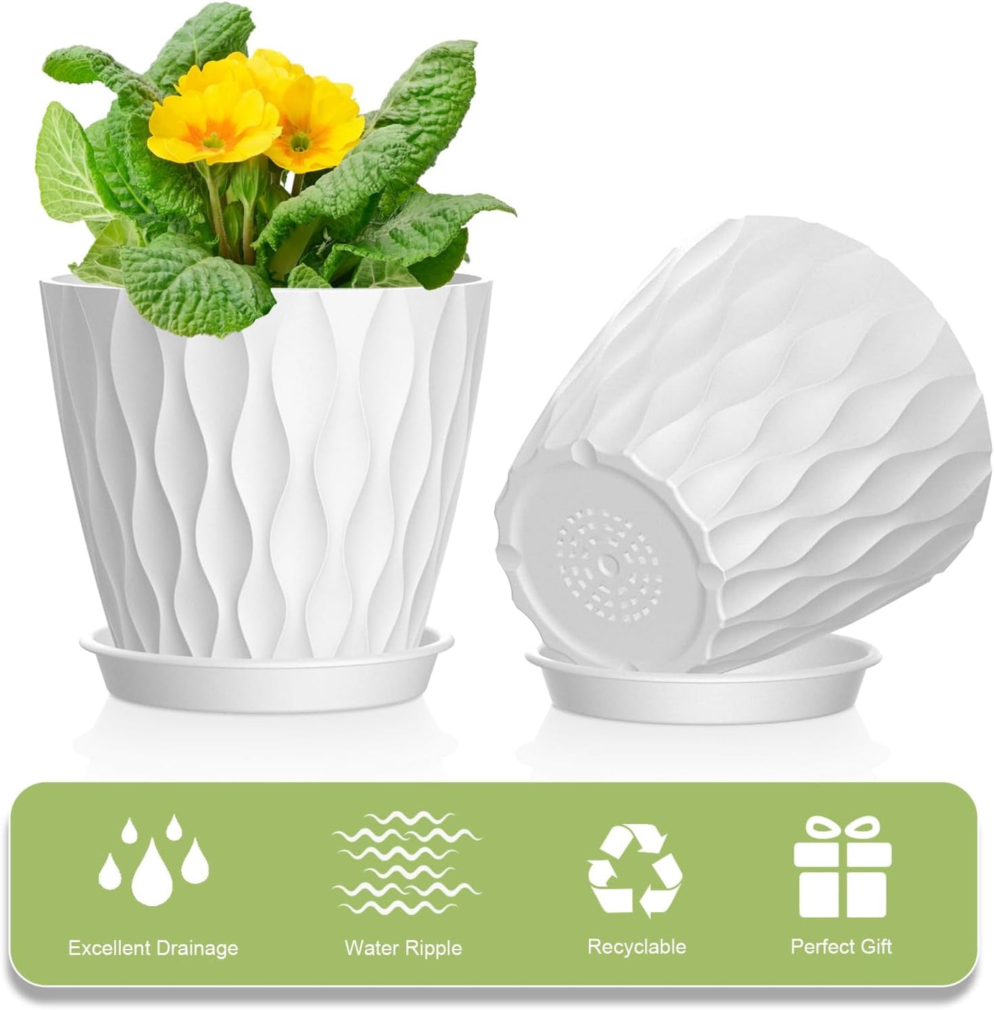 12 Pack 4 Inch Small Plant Pots with Saucers, Waffle Texture Plastic Planters with Drainage Holes for Indoor and Outdoor Plants, Flowers, Herbs, Succulents, and Seedlings, White