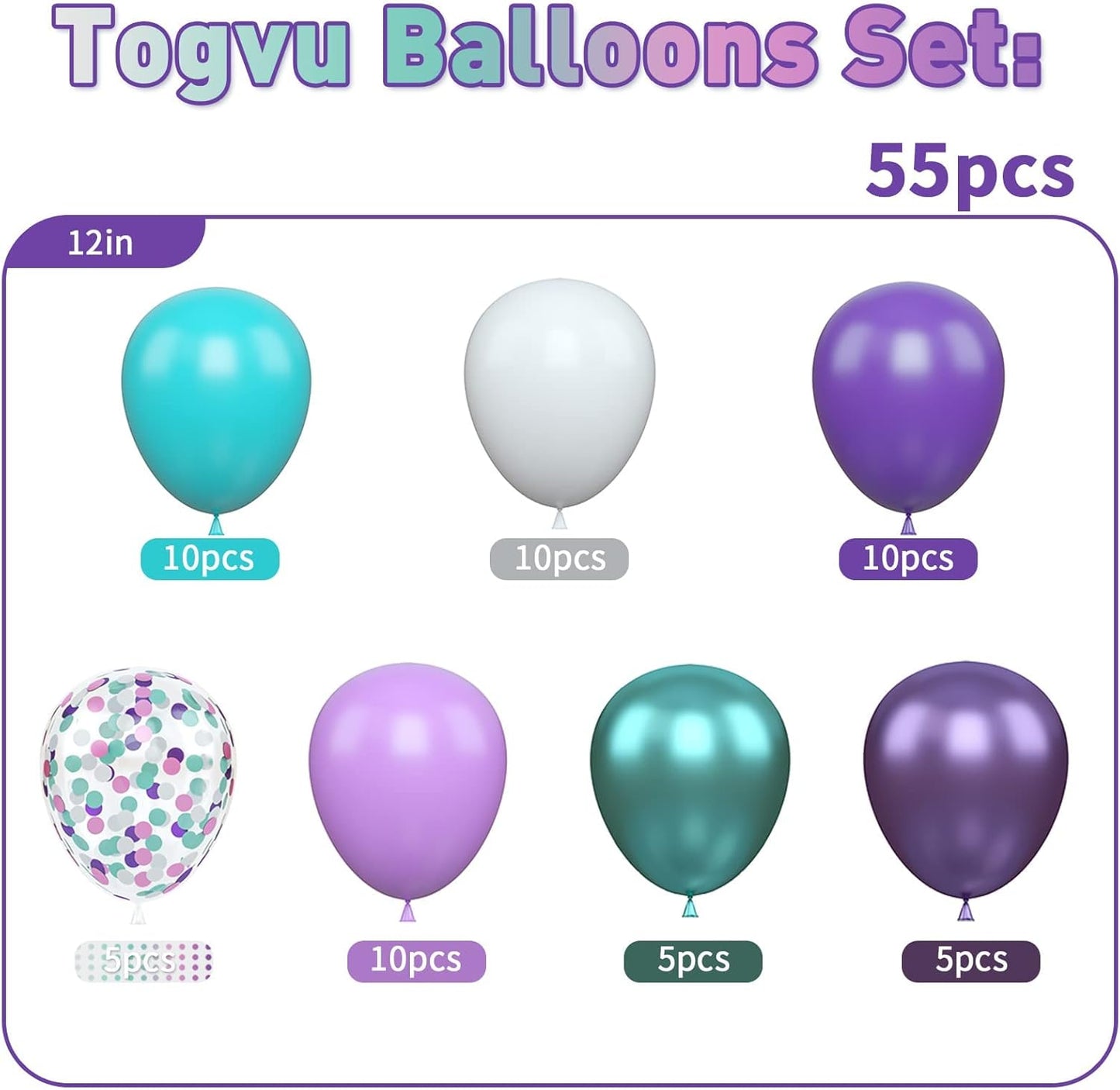 Mermaid Party Balloons 55 Pack, 12 Inch Metallic Purple Teal Blue Turquoise Green White Confetti Latex Helium Balloons Set for Kids Girls Baby Shower Mermaid Theme Birthday Party Decorations Supplies