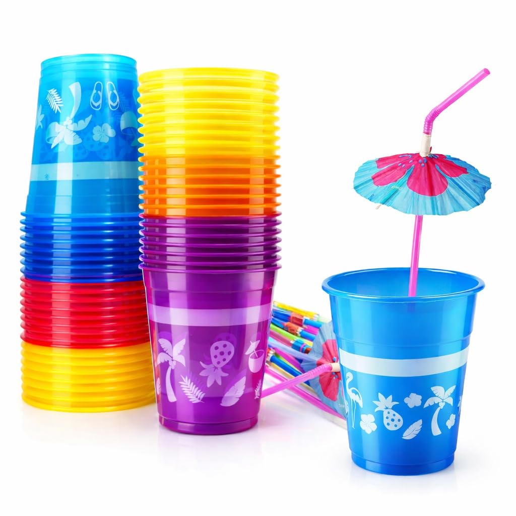 4E's Novelty 48 Packs Tropical Party Cups with Parasol Straws - Disposable Plastic Cups 16oz BPA