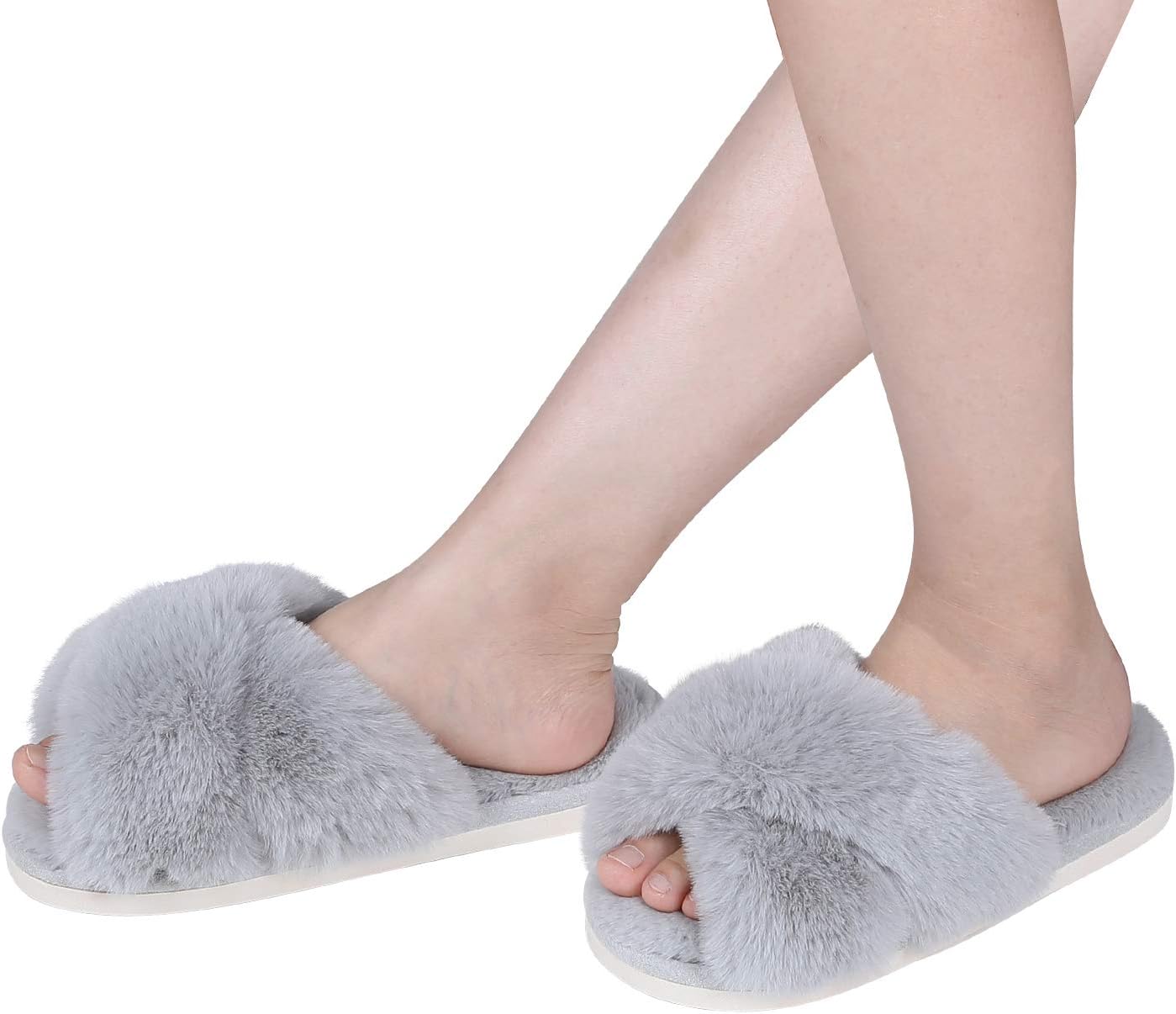 Evshine Women's Fuzzy Slippers Cross Band Memory Foam House Slippers Open Toe