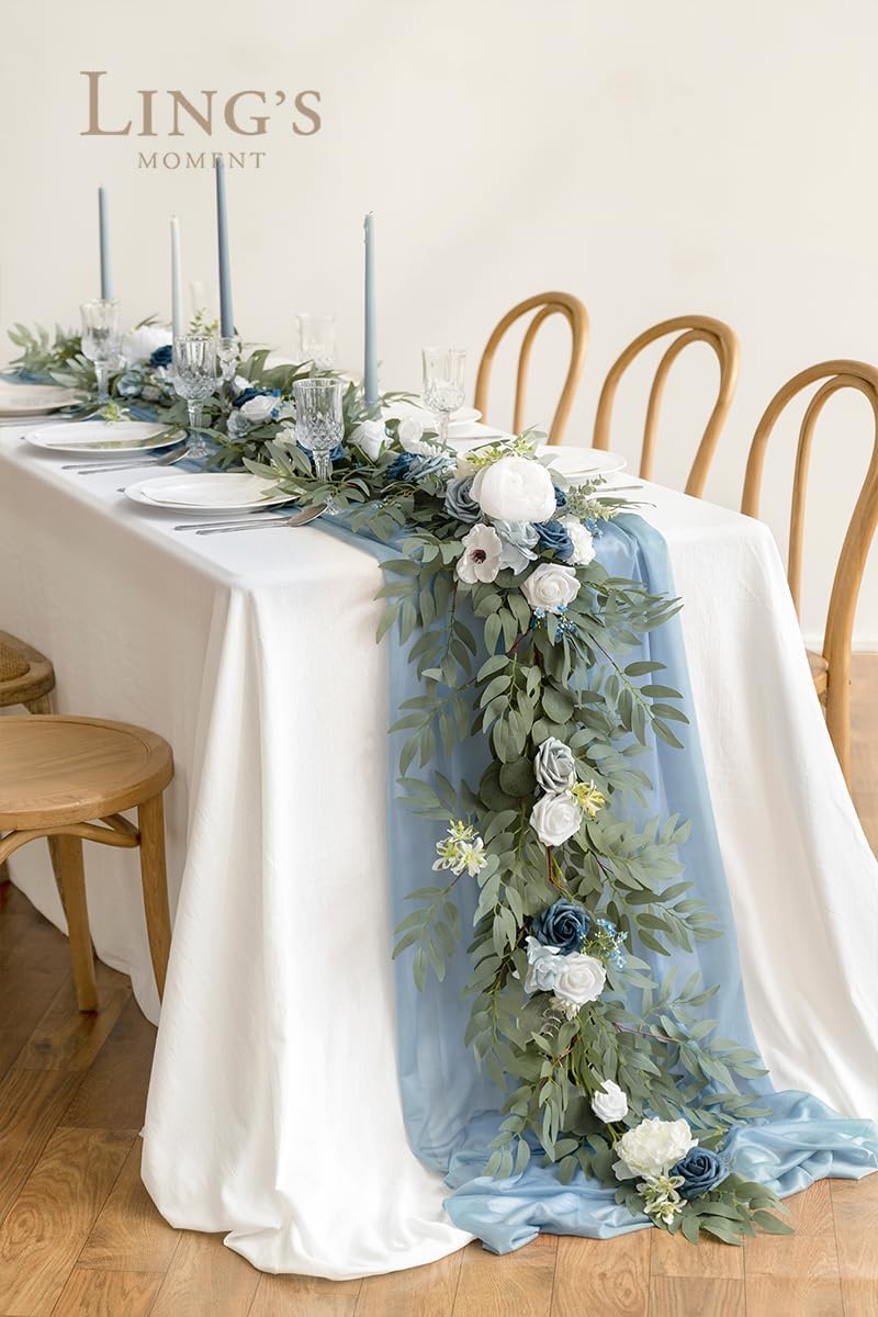 Ling's Moment Flower Garland - 6FT Eucalyptus & Rose - Sweetheart Table Decor for Wedding Reception, Artificial Arch Floral Garland for Mantle, Christmas, Beach Decoration, Dusty Blue & White