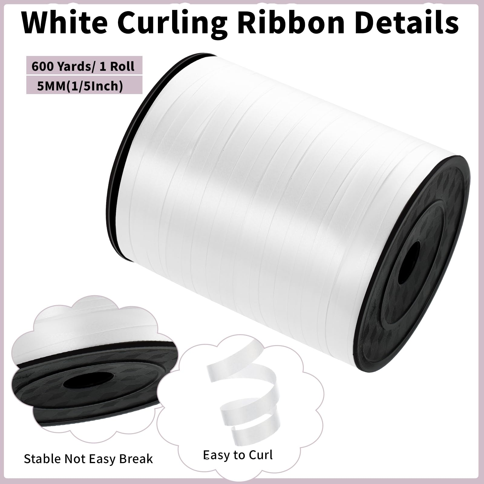 woric White Curling Ribbon 600 Yards, 1/5 Inch Balloon String Ribbon