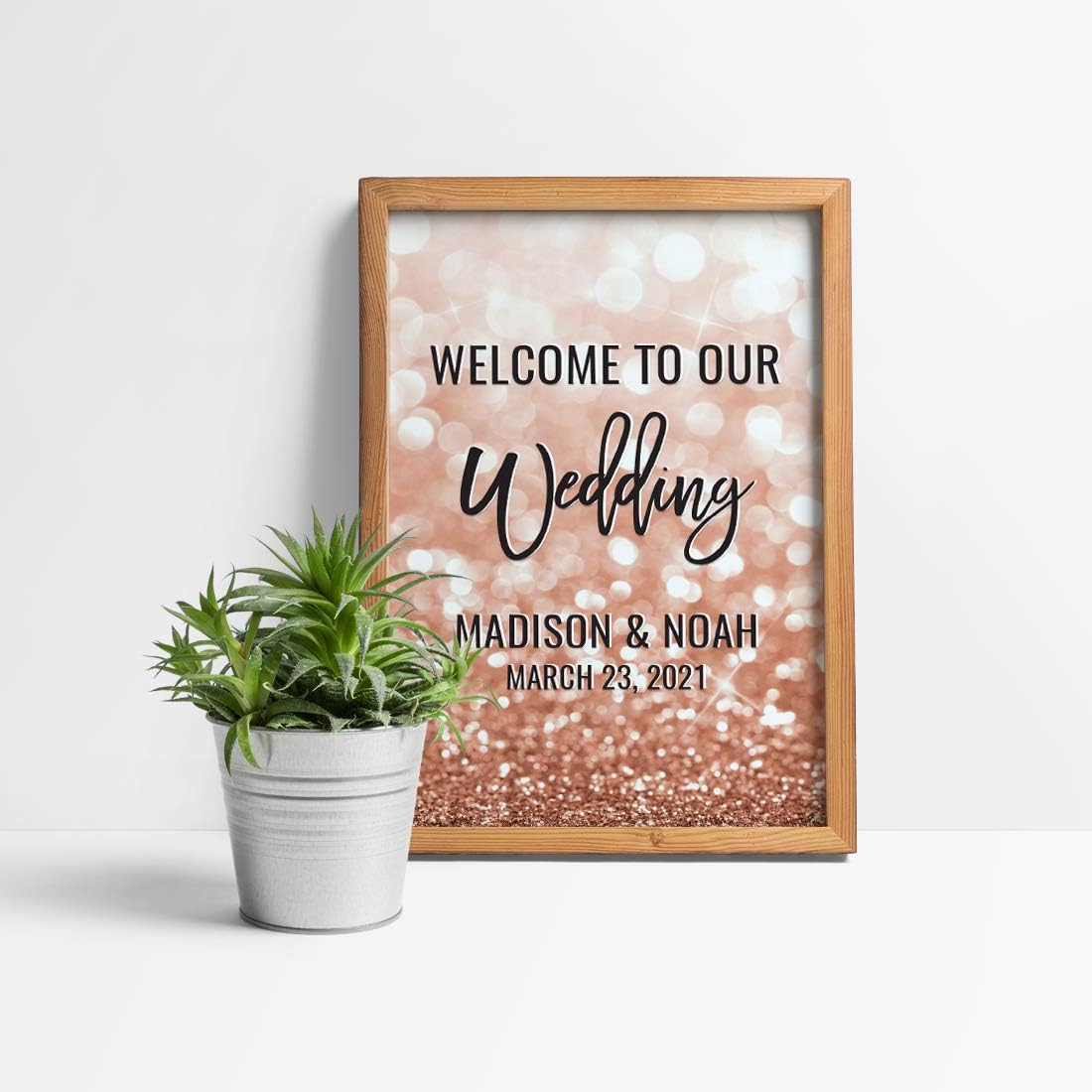 Andaz Press Personalized Extra Large Wedding Easel Board Party Sign, 12x18-inch, Glitzy Faux Rose Gold Glitter, Welcome to Our Wedding Bride Groom Name Date, 1-Pack, Custom