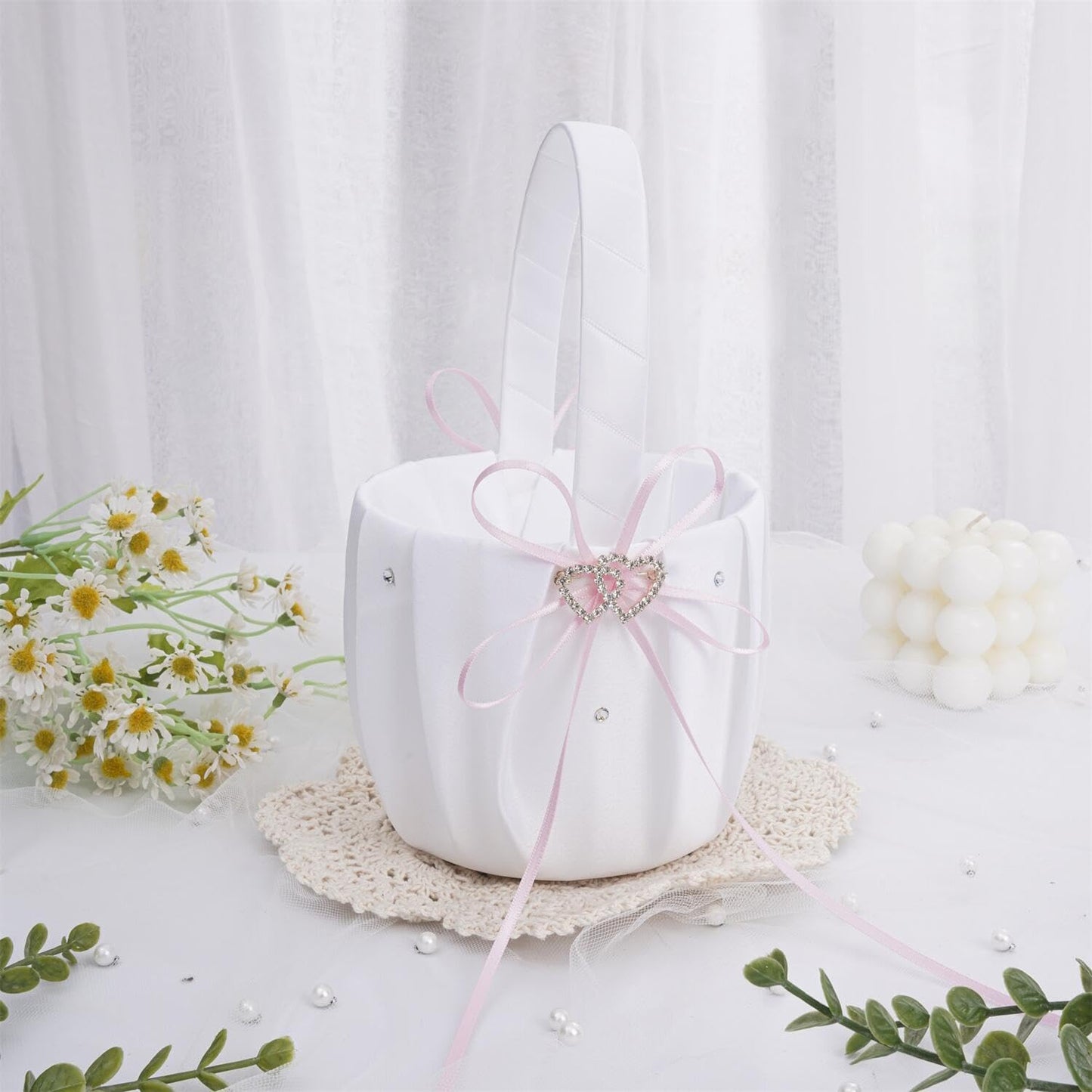 QIRMIZI Wedding Ring Pillow and Flower Girl Basket Set – Adorned with Pearl Rhinestones, White Satin,Pink