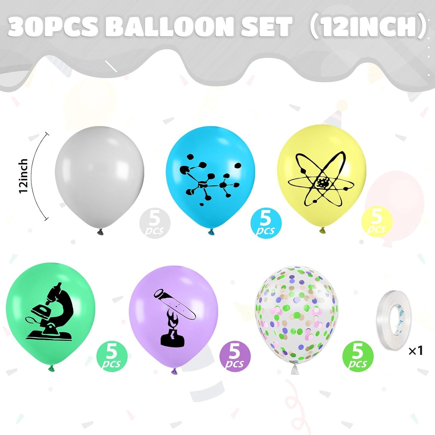 Science Party Balloons, 12 Inch Gray Light Yellow Green Purple Confetti Balloons for Boys Scientist Lab Birthday Party Baby Shower Classroom Decorations