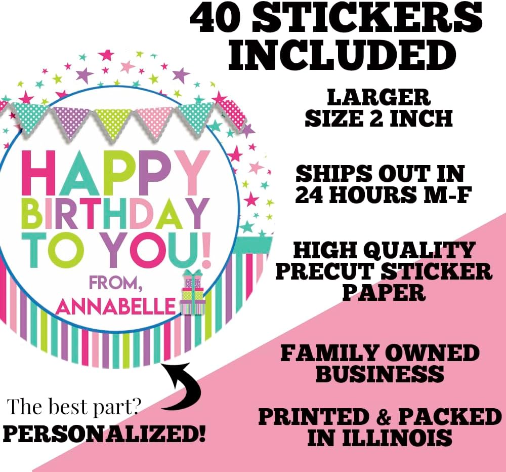 Custom & Personalized Happy Birthday to You Gift Tag Sticker Labels in Pastel Colors for Girls, 40 2" Party Circle Stickers by AmandaCreation, Also Great for Envelope Seals & Gift Bags