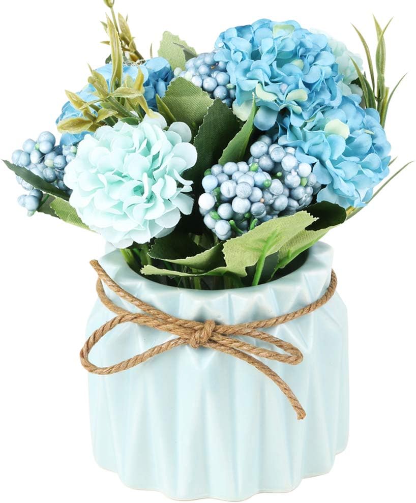 Artificial Hydrangea Bouquet with Small Ceramic Vase Fake Silk Variety Flower Balls Flowers Decoration for Table Home Party Office Wedding (Blue)