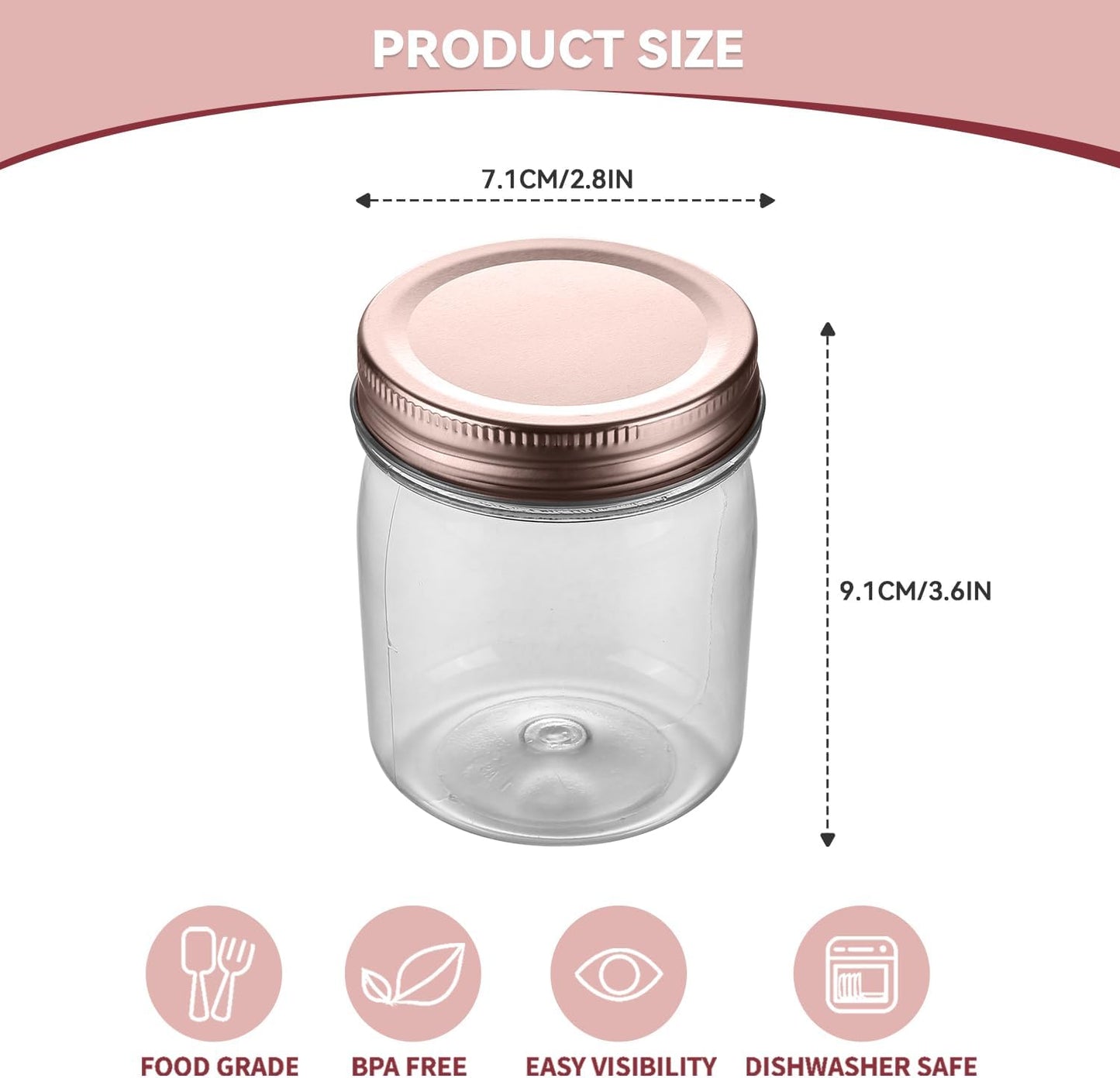 novelinks 8 oz Clear Plastic Jars with Screw-On Lids - BPA-Free Refillable Storage Containers for Slime, Spices, Crafts, Kitchen & Home Organization (32 Pack,Rose Gold)