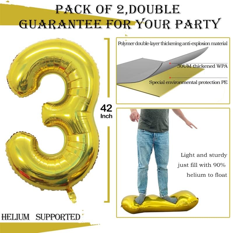 GOER Gold Foil Balloons Number 3,Huge Number Balloons for 3rd Birthday Party Supplies Anniversary Decorations(3 pcs,42 inch,32 inch,16inch)