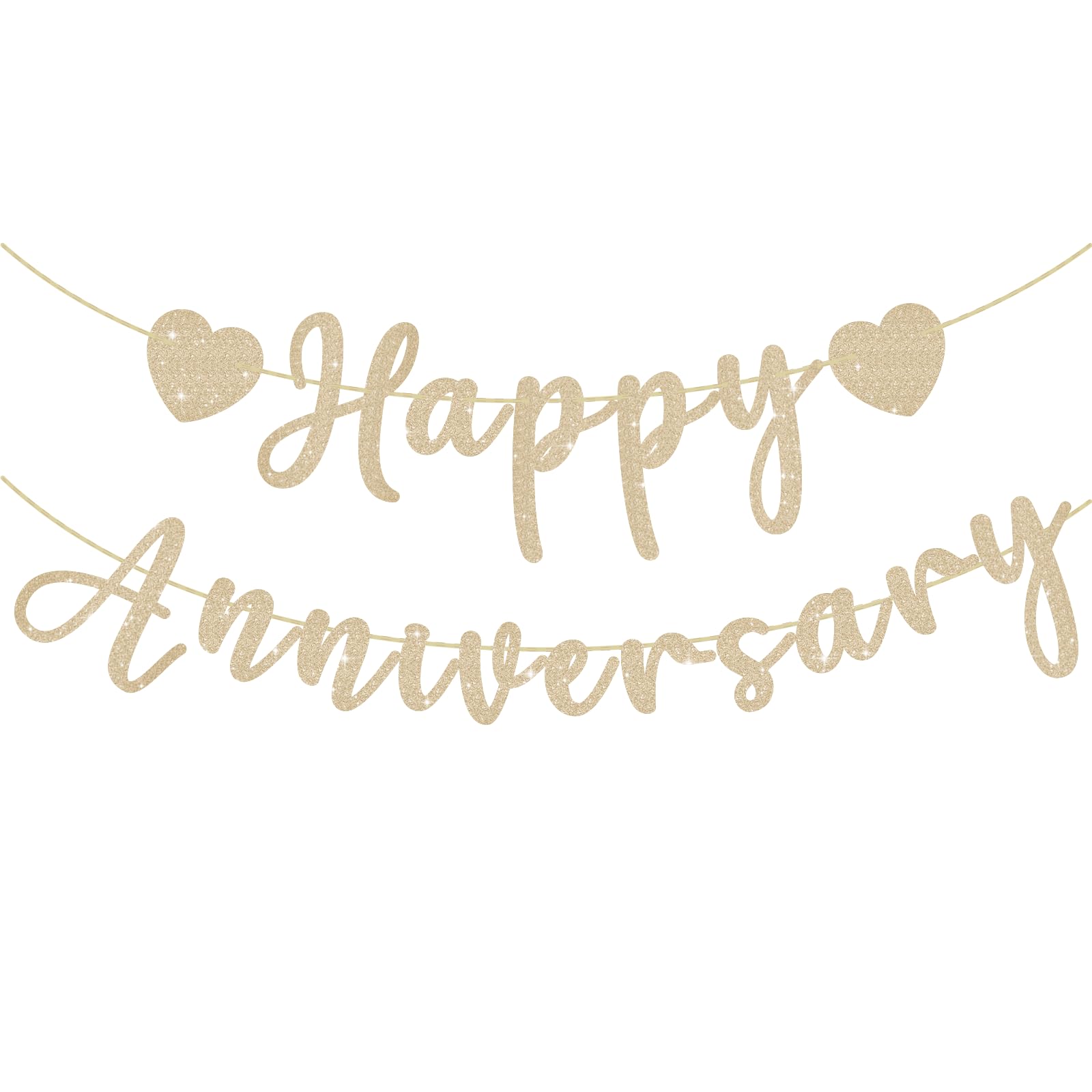 SerpizePaty Happy Anniversary Banner, Pre-Strung Gold Glitter Wedding Anniversary Decorations