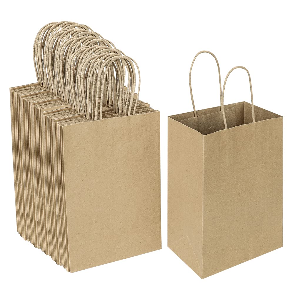 Oikss 100 Pack 5.25x3.25x8.25 Inch Small Plain Natural Kraft Paper Gift Bags with Handles Bulk for