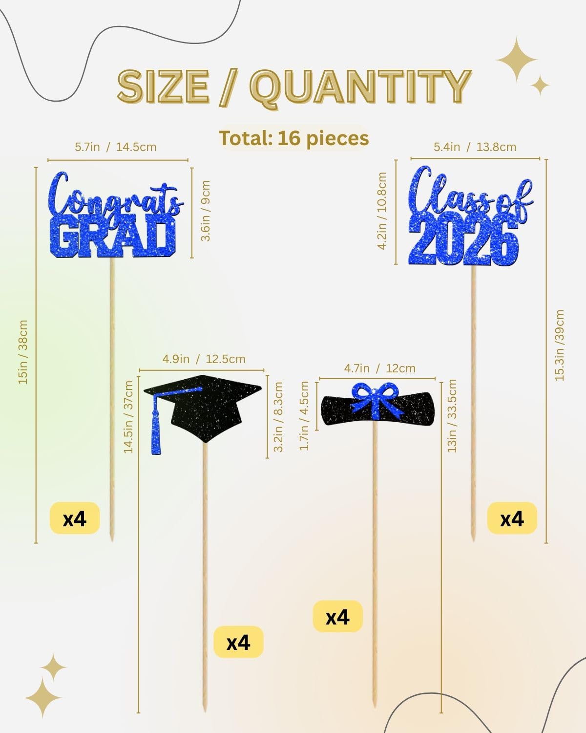 Class of 2026 Centerpieces Sticks for Graduation, 16 Pcs Graduation Decorations Cake Toppers