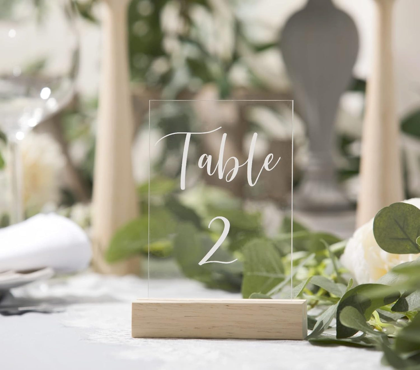 UNIQOOO 50 Pack Oak Wood Table Number Stands | 1/8” Thick Acrylic Sign Holders | Display Stands | Place Card Holder, Perfect for Retail Shop Wedding Dinner Party, Events Decoration, Retail Shop