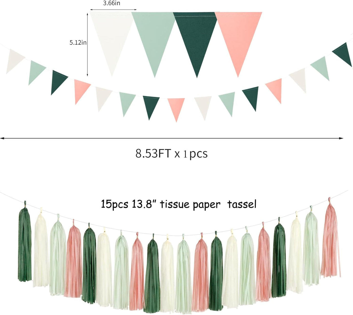 Sage-Olive Green Pink-Beige Boho Party Decorations -23pcs Rustic Neutral Wedding Paper Tissue Pom Poms Streamers,Tassel Garland Banner,Birthday Baby Bridal Shower Engagement Decor Lasting Surprise