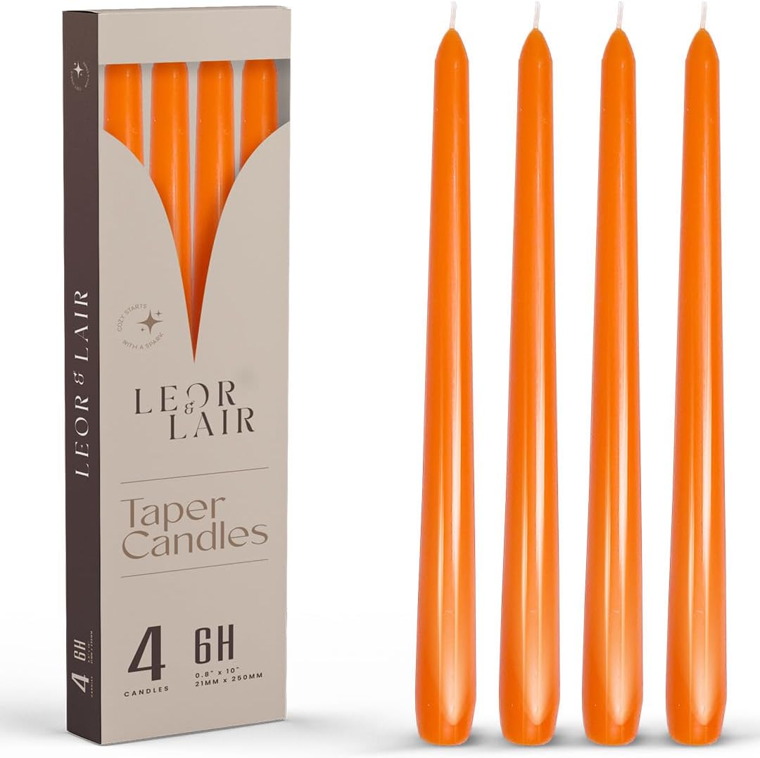 Leor & Lair Orange Taper Candles - 4 Pack 10" Orange Candlesticks - Unscented Long Burning Halloween Taper Candles for Halloween Decor, Thanksgiving Dinner, Fall Weddings & Restaurants