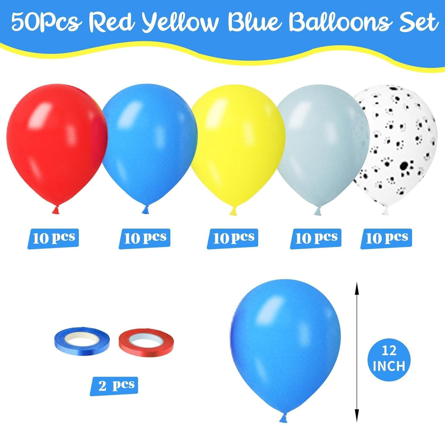 Paready Balloons Set - 50Pcs Red, Yellow, Blue, Dusty Blue Latex 12 Inch Balloons for Birthday Party Supplies