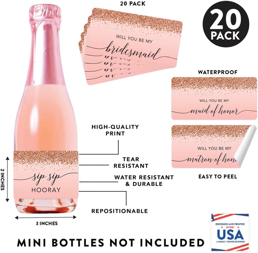 Andaz Press Mini Champagne Wine Bottle Proposal Labels - Will You Be My Bridesmaid? Matron Maid of Honor? - Blush Pink Faux Rose Gold Glitter 20-Pack Stickers