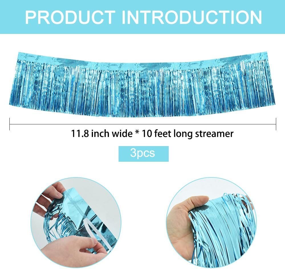 BEISHIDA 3 Packs Metallic Foil Fringe Garland Baby Blue Wall Hanging Tinsel Fringe Banners for Car Floats Bridal Shower Wedding Birthday Easter Graduation Holiday Party Decoration(30 Feet)