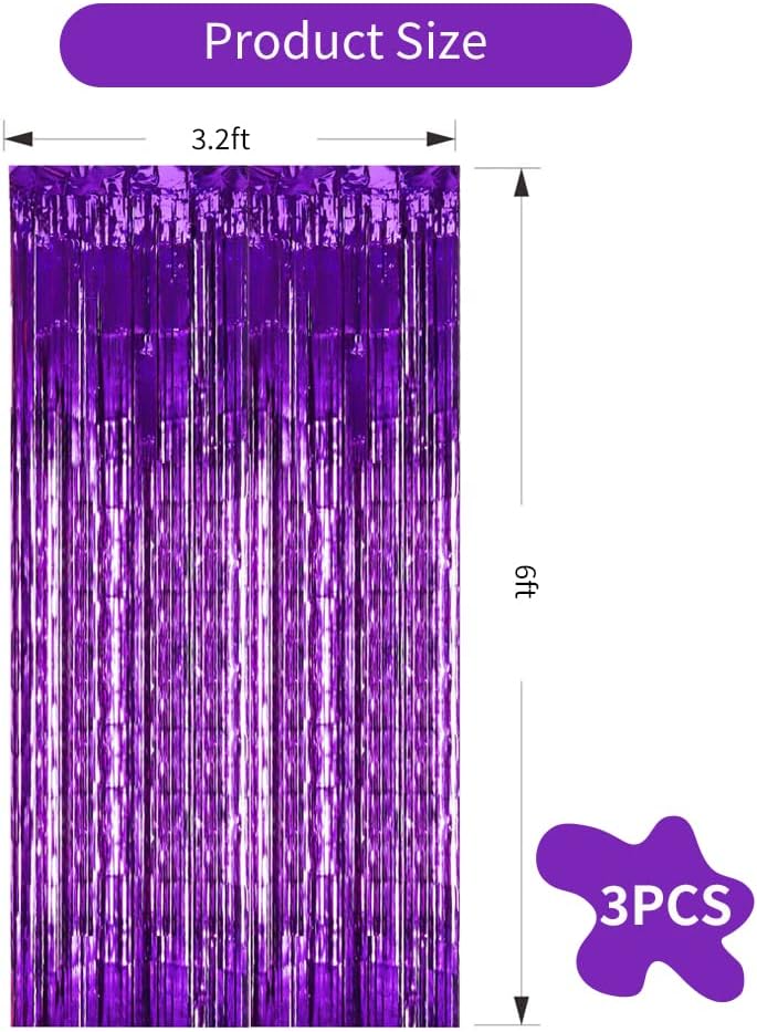 TONIFUL 3Pcs Purple Door Streamers,Purple Photo Booth Backdrop,Metallic Streamers Foil Fringe Curtains for Halloween Birthday,Christmas,New Year,St. Patrick's Day Party Decor(9.9ft x 6.6ft)