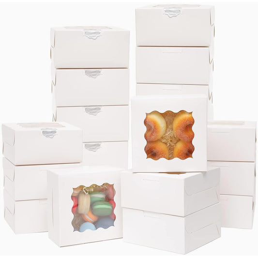 Bakepacker 60pcs White Bakery Boxes with Window 6x6x3 inches Thick & Sturdy Macaroon Pastry & Cookie Boxes