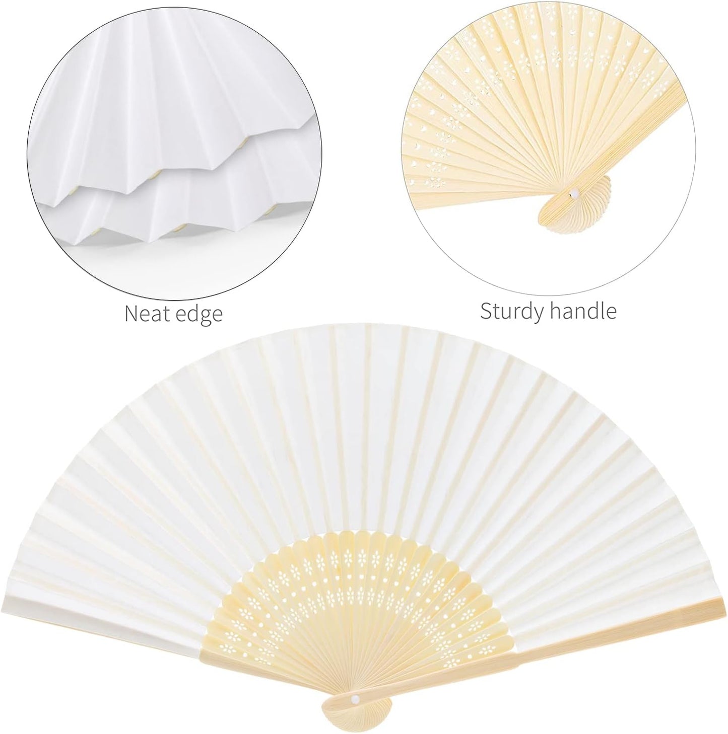 FEPITO 20 Pieces White Handheld Paper Fan Paper Folding Fans with Bamboos for Wedding Gift, Party, Home