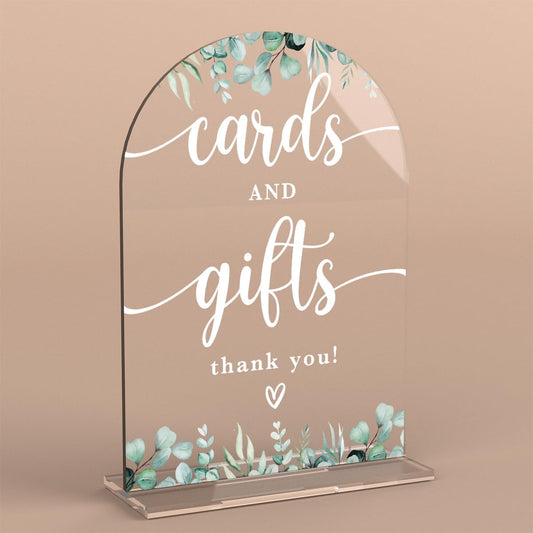 Acrylic Wedding Sign Cards and Gifts Signs Ceremony Modern Calligraphy Arch Acrylic Table Top Signs for Wedding Reception and Event Party Table Decor (Eucalyptus Leaves)