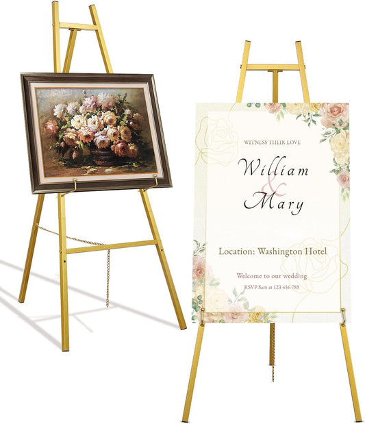 Gold Easel Stand for Wedding Signs with Adjustable Chain, Heavy Duty Metal Display Stand for Art, Welcome Signs, Posters, Pictures, Paintings,Posters & Commercial Display